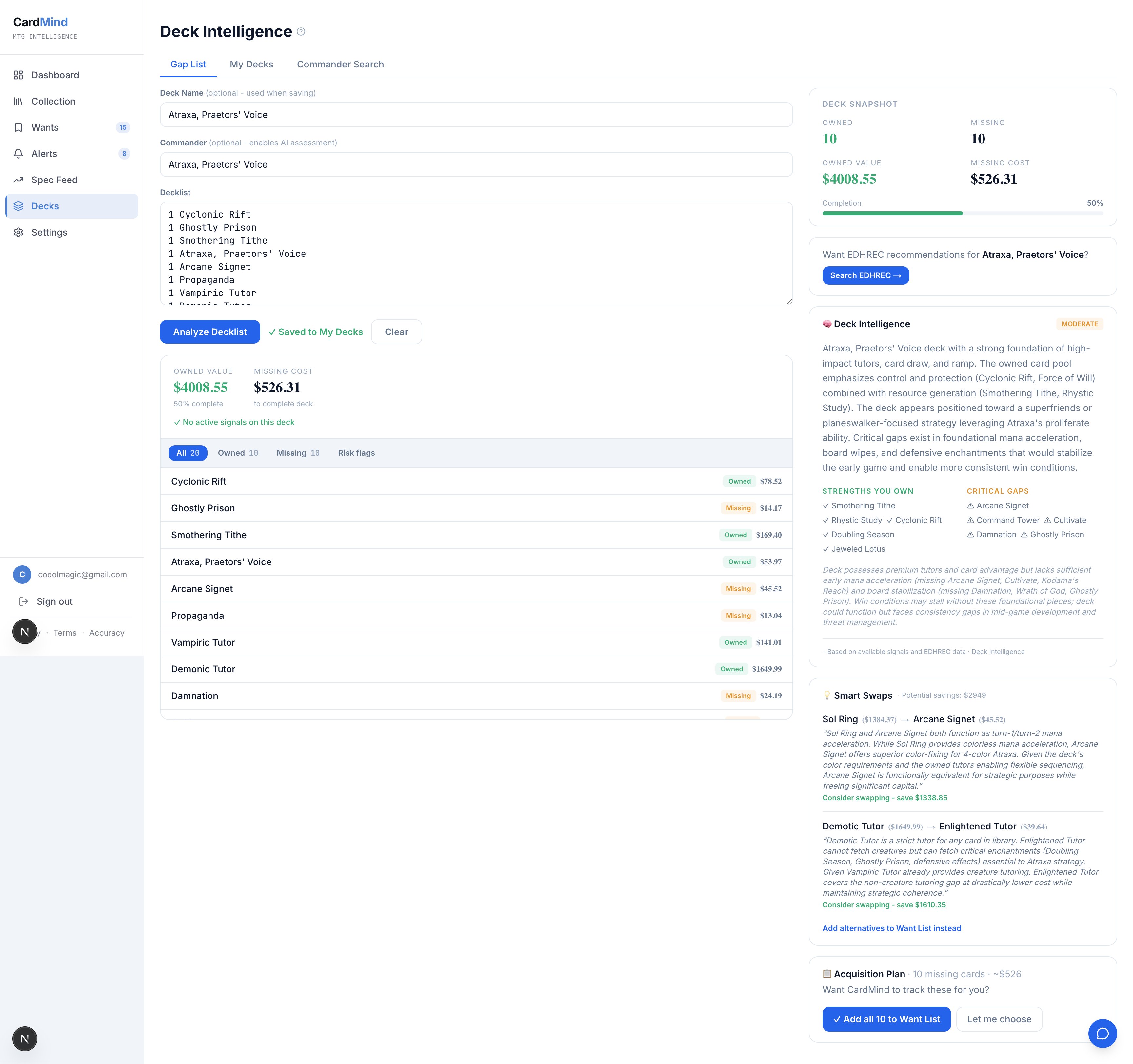 Deck Intelligence parsed decklist with card rows and total cost sidebar