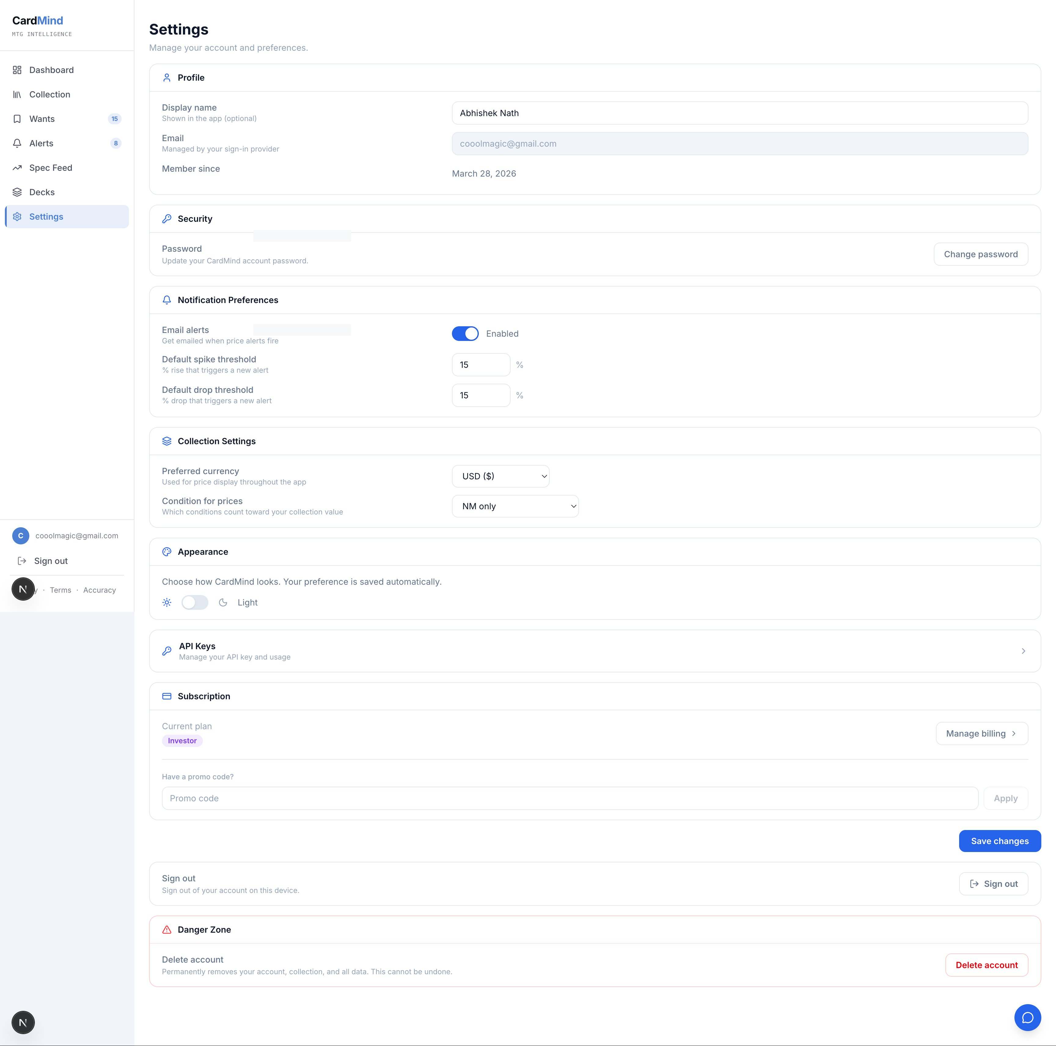 CardMind Settings page showing API key management